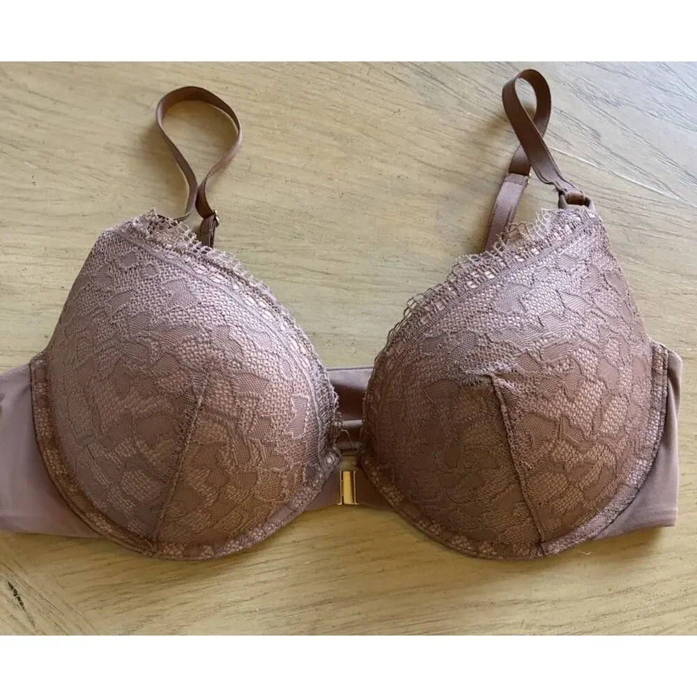 Soma EMBRACEABLE Push-Up Front-Close Bra 36D Lace Nude Mauve Sienna Sexy Classic